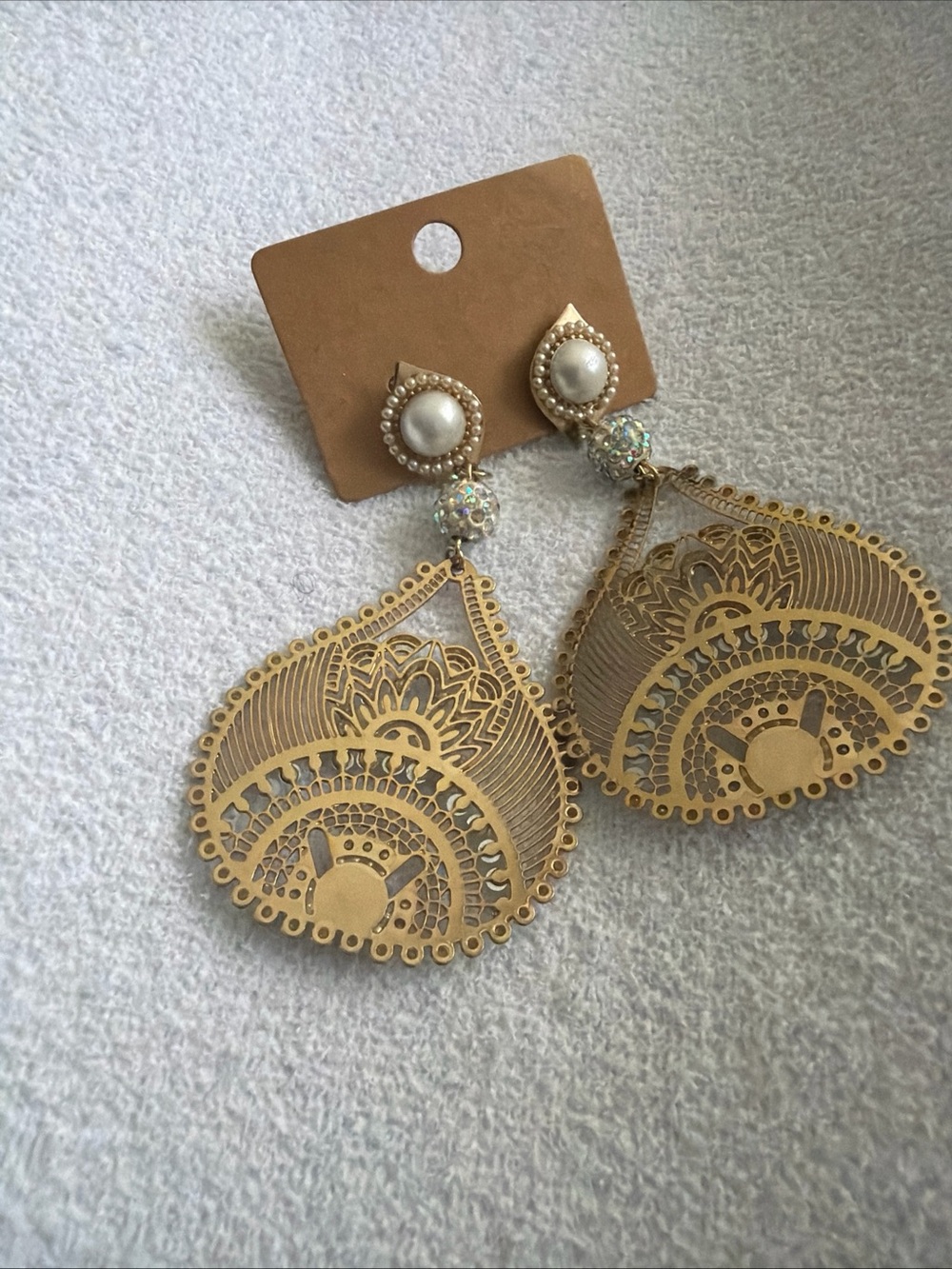 Gold Filigree Teardrop Dangle Earrings with Pearl Accents
